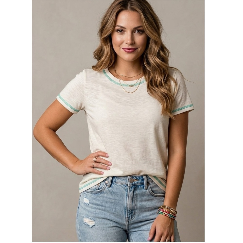 Daisy Rae Coastal Breeze Contrast Stitch Tee Shirt Cream & Seafoam Womens LARGE